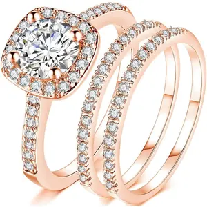 Silver Rose Gold Three-in-One Wedding Engagement Bridal Halo Ring Set