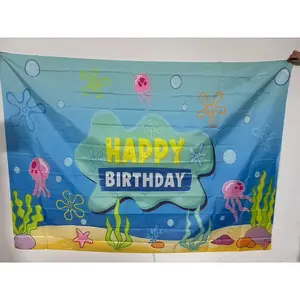 2D Under The Sea Happy Birthday Banner Backdrop Decoration, Party Decorations Banners, Ocean Photo Background Jellyfish Seaweed Wall Décor for Birthday Baby Shower Party Photography Decorations, Party Decoration Supplies