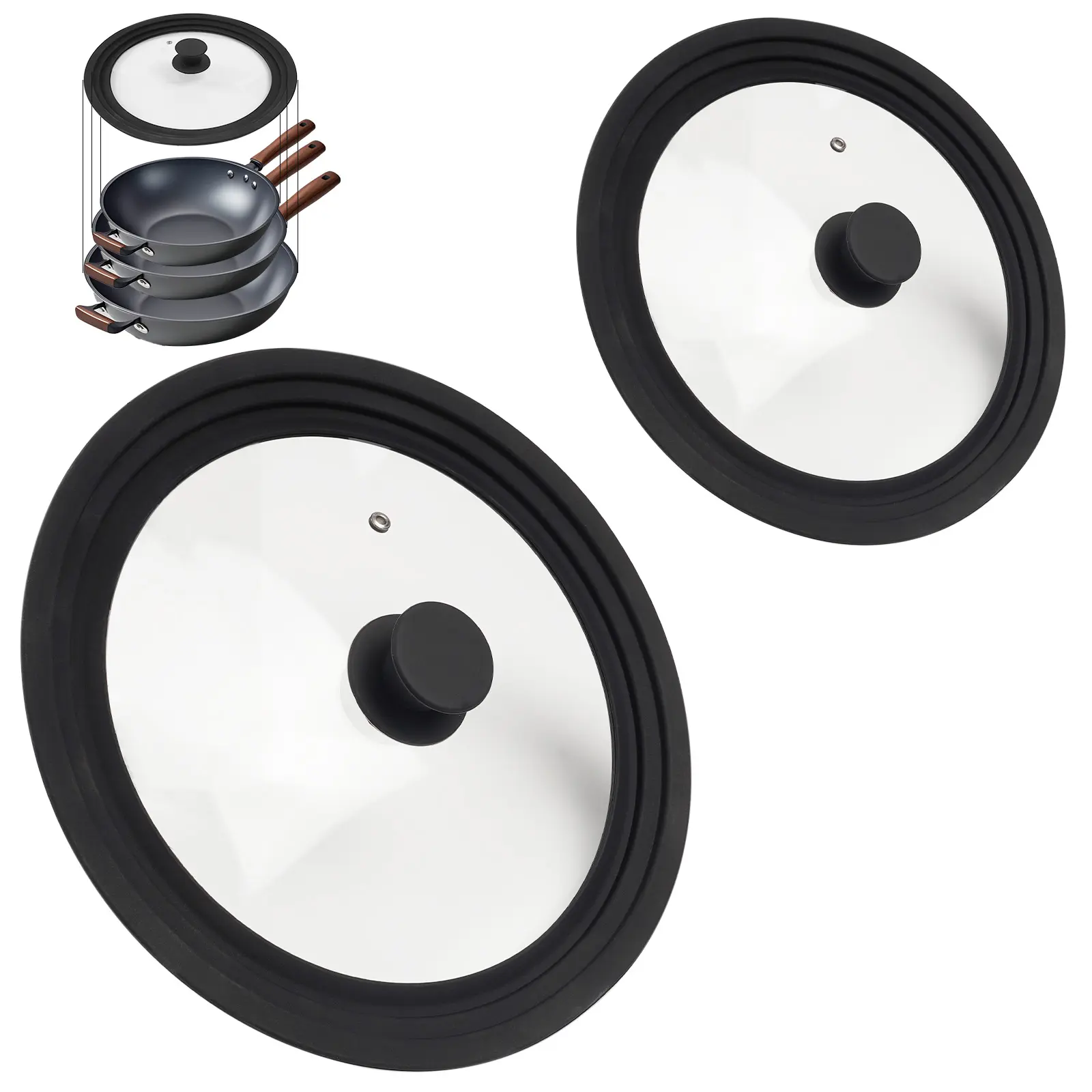 2-Pack Universal Tempered Glass Lids with Silicone Rim, Fits 10", 11" & 12" Frying Pans and Stock Pots, Cool-Touch Knob, Dishwasher Safe Replacement Lids