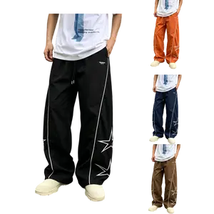 Gihuo Unisex Star Baggy Sweatpants Y2K Lightweight Drawstring High Rise Side Striped Wide Leg Straight Leg Workout Clothes with Pockets Pants