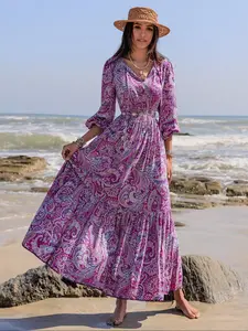 Plus Size Women's V Neck Long Fitted Dress, Casual Tropical Floral Pattern, Boho Style, Perfect for Easter Beach, Hawaii Vacation, Coachella Festival