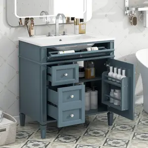 30'' Bathroom Vanity with Top Sink, Modern Bathroom Storage Cabinet with 2 Drawers and a Tip-out Drawer, Single Sink Bathroom Vanity