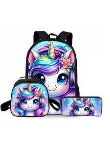 Cute unicorn print backpack three-piece set, including lunch bag, pencil case, and backpack, Backpack for school