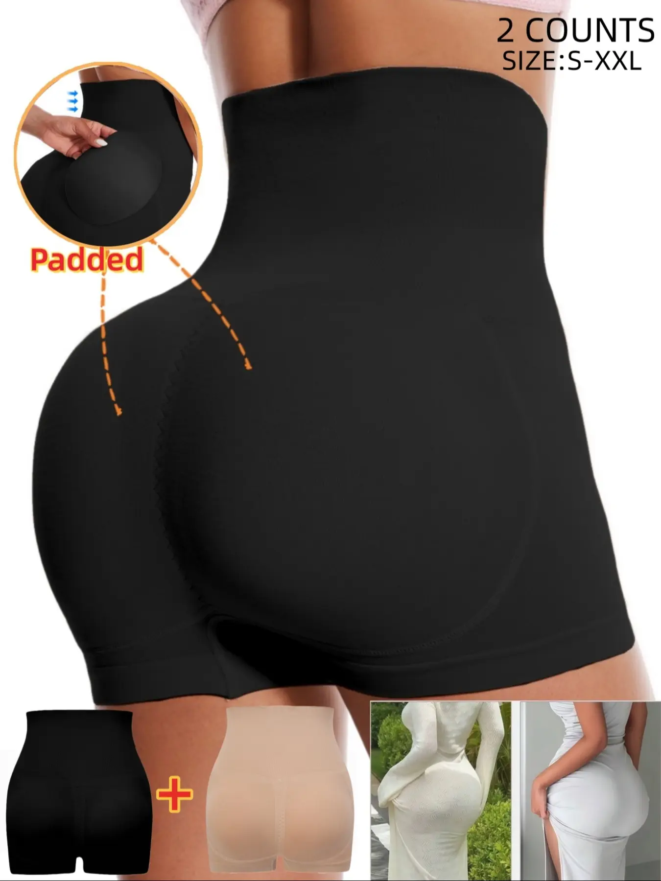 Women Butt Lifting Padded Seamless Shapewear Shorts, Crop Hiigh-Waist Tummy Control Pants, Tight Fitness Pants With Removable Sponge Pad, Anti-Sagging Briefs, Compression, Sexy Buttock Enhancer, Body Shapewear Bottoms