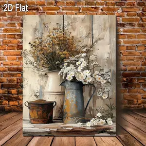 Rustic style wood frame canvas art - cream yellow wood grain with white jasmine flowers and rust colored watering can, suitable for living room or bedroom decoration, perfect room decorations