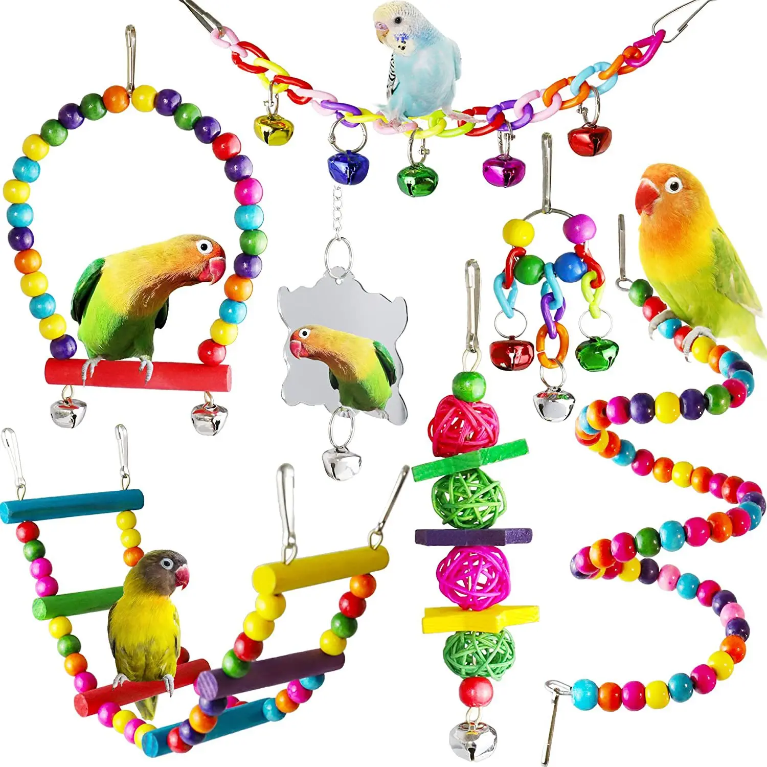 Parrot Toys for Birds Premium Birdcage Accessories Enrichment Ladders Mirrors Swings Bells Interactive Play Set for Parrots and Small Birds