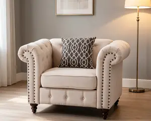 Aurelia Beige Linen Upholstered Tub Accent Chair, with Decor Pillow, for Living Room, Bedroom