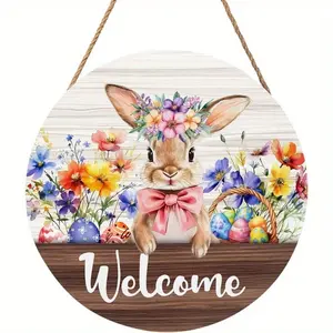 Charming Spring Easter Bunny Welcome Sign, Rustic Wooden Door Hanger with Flower Crown, Porch and Indoor Decor, Decorative Flowers Ornaments, Outdoor Wall Hanging Decoration