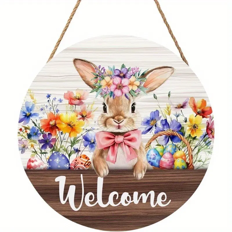 Charming Spring Easter Bunny Welcome Sign, Rustic Wooden Door Hanger with Flower Crown, Porch and Indoor Decor, Decorative Flowers Ornaments, Outdoor Wall Hanging Decoration, Home Ornament, Animal Decorations