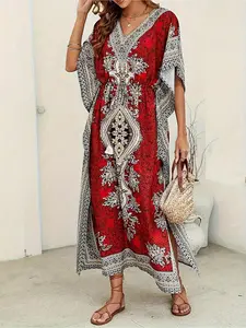 Women's Middle Eastern Muslim Robe, Islamic Clothing, Loose V-Neck Modest Caftan Beach Sun Protection, Party Casual Boho Kaftan Dress, Beach Kaftans, Comfortable and Stylish