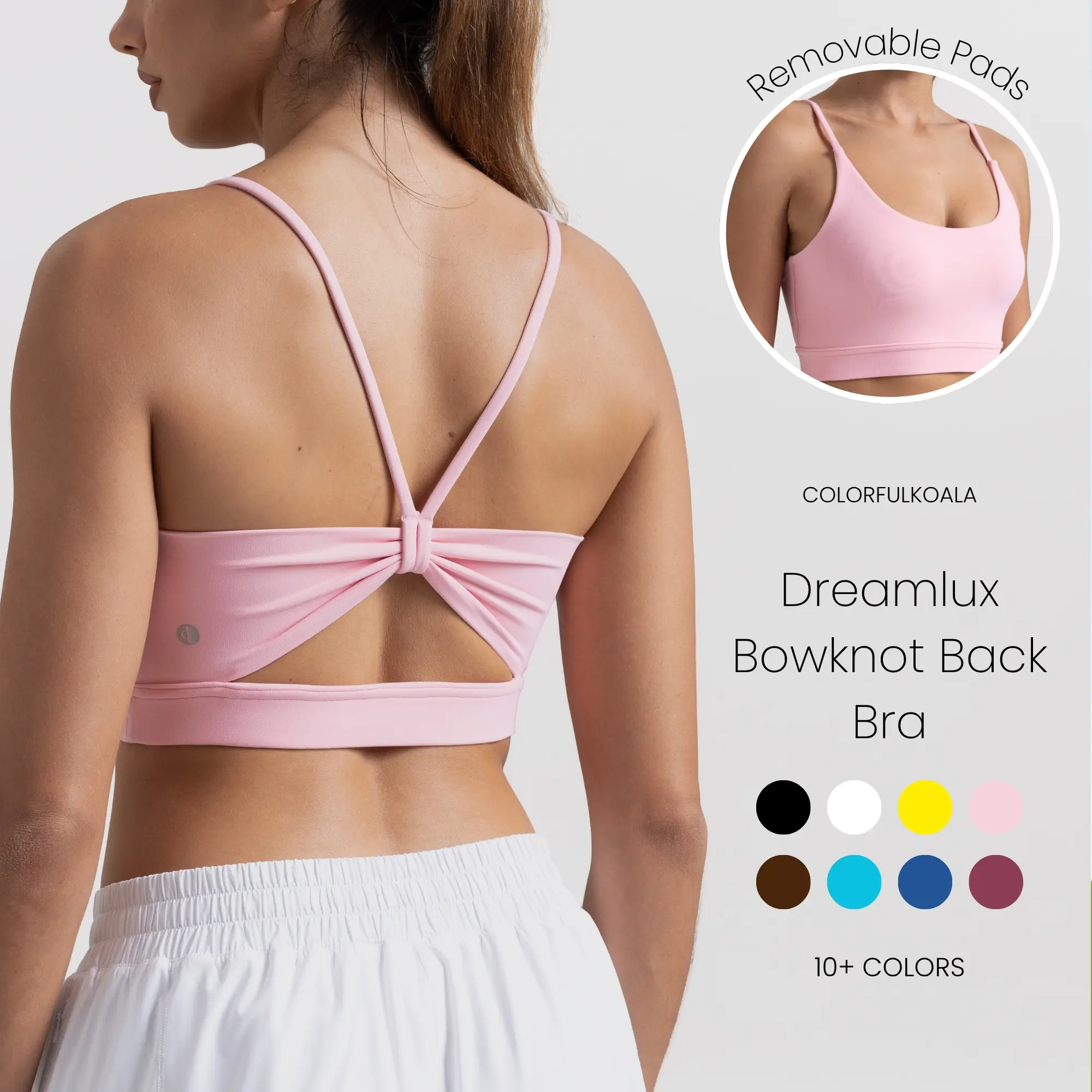 Colorfulkoala Women's Dreamlux Bowknot Strappy High Stretch Wire Free Back Sports Bra - Light-Impact Gym Top for Yoga, Fitness Workouts