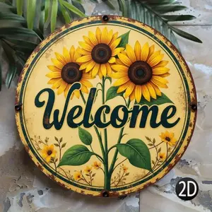 [Vintage Sunflower Welcome Sign] 1pc Vintage Sunflower Welcome Sign - Rustic Iron Art with Vibrant Yellow Sunflowers & Green Leaves, Round 2D Metal Wall Hanging Decor for Home, Laundry, Gym, Cafe, Room, Patio, Bar, Kitchen, Restaurant, Party, Garden |   W