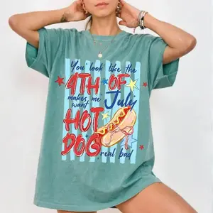 [Comfort Colors Collection] Coquette Bow 4th of July Shirt – Striped Hot Dog Graphic Tee, Cute Patriotic T-Shirt, Funny Summer BBQ Shirt, Comfort Colors Style