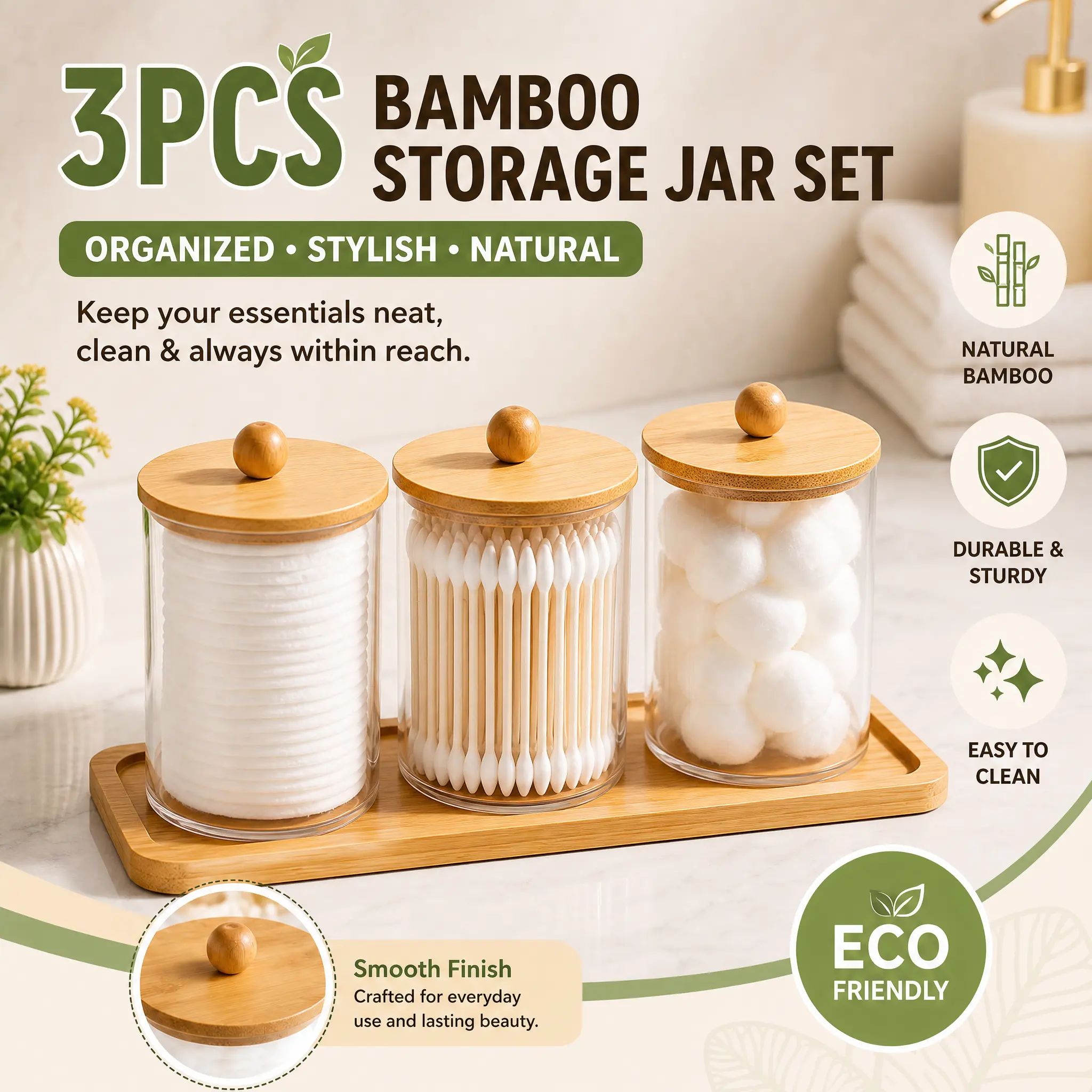 Clear Storage Box with Wooden Lid, 3 Counts Cotton Balls Cotton Swabs Storage Container, Household Storage Box for Home Dormitory Bathroom Hotel, Bathroom Counter Organizer