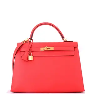 Pre-owned HERMÈS Leather Top Handle Bags Hermes Kelly Handbag Rouge Pivoine Epsom with Gold Hardware 32 by Rebag