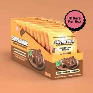 Supervibe Caffeine Energy Bars for Energy & Calm Focus - No Added Sugar with Green Tea Caffeine, L Theanine and Superfoods - Chocolate Dream Flavor (12 Bars)