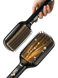 PRITECH Ionic Plus Straightener Brush, 20s Fast Heating Hot Comb, 5 Adjustable Temps, Anti-Scald Ceramic Bristles, Dual Voltage Hair Brush for Thick Curly Hair & Morning Commute