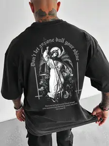 Washed 'archangel Michael' Loose Man's T-Shirt, Round Neck, Angel Dragon Print, Soft Breathable Cotton, Vintage Faith Streetwear Style, Casual Daily Wear, Top