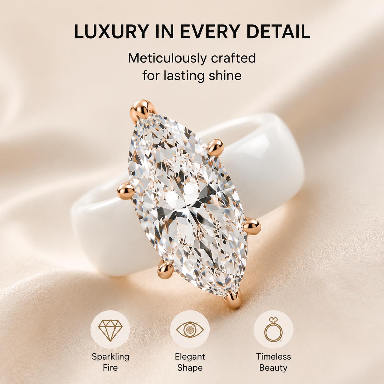 Women's Silicone Band - Large Marquise Cut Cubic Zirconia Goldtone Ring, Rose Gold Prong Setting, Elegant Comfortable Marquise Wedding Band for Everyday Use & Sports Wear