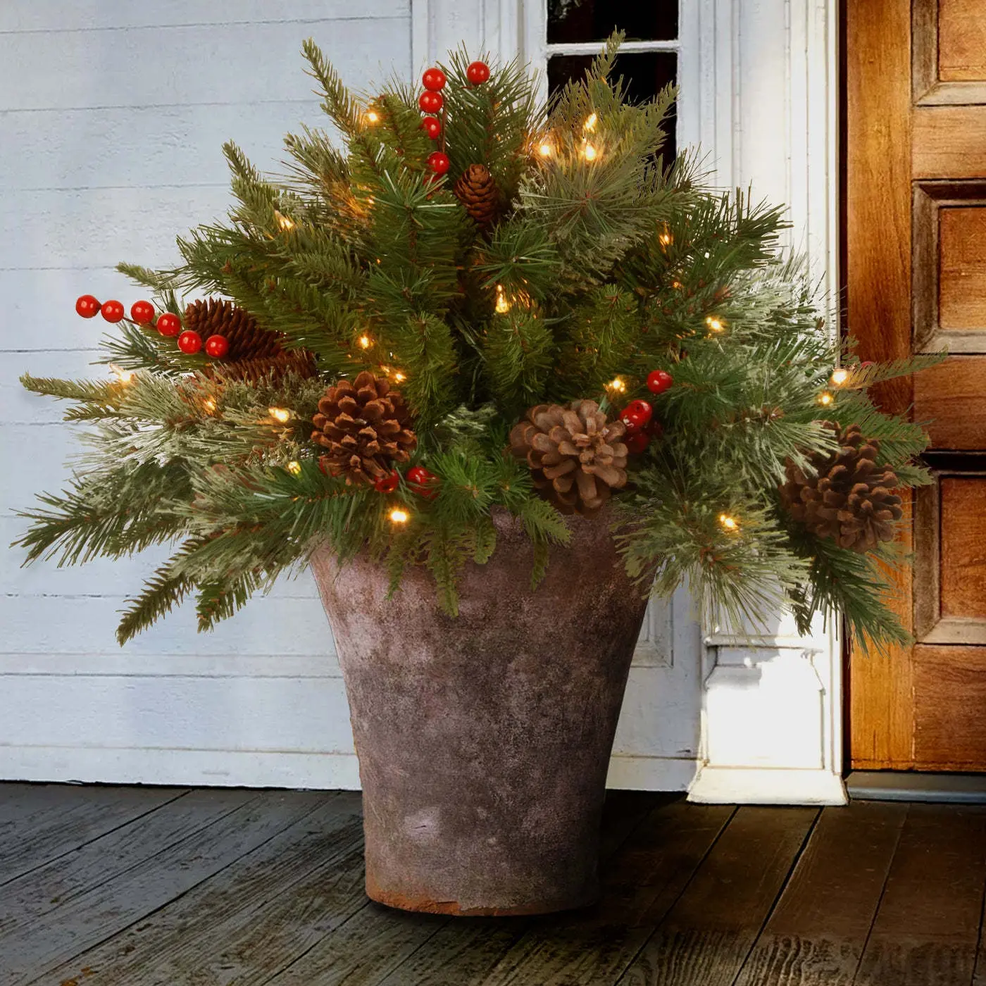 18 Inch Pre-Lit Christmas Tree Filler, Artificial Greenery with Pinecones, 35 LED Lights, Timer & Tripod Stand, Model Xinghao Kz-Dr-201