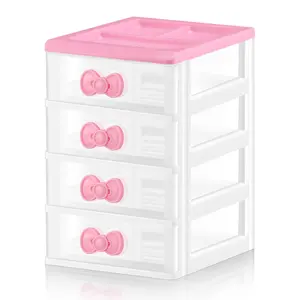 4-Layer Light Kawaii Plastic Desktop Storage Cabinet with Bow Handle, 4-Layer Home Organizer for Bedroom & Bathroom, Women's Gift for Spring Glow-Up, 4 Layers