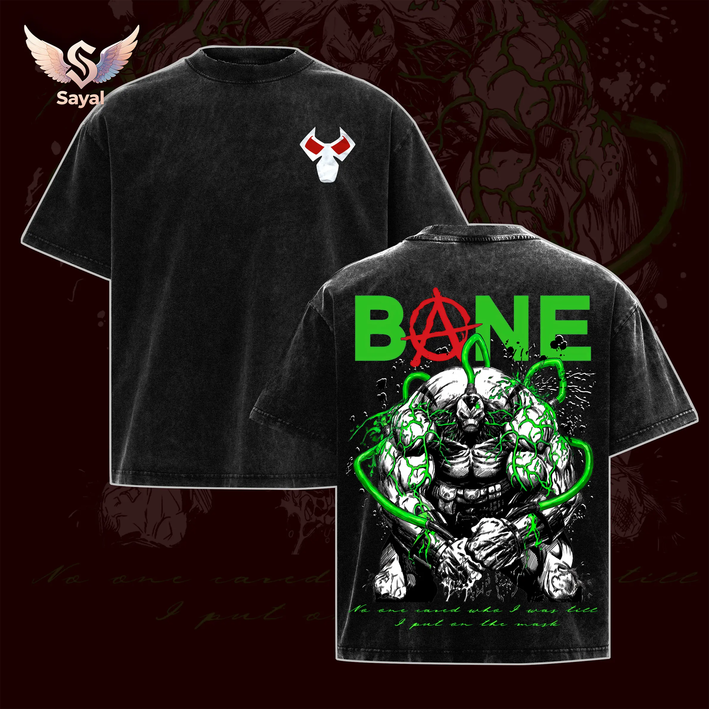 Bane Break Bat Dark Gotham City Villain Masked Mercenary Heavyweight Graphic Tee Green Neon Acid Washed Dark Streetwear Apparel For Comics Fans Oversized Top Classic Seamless Streetwear