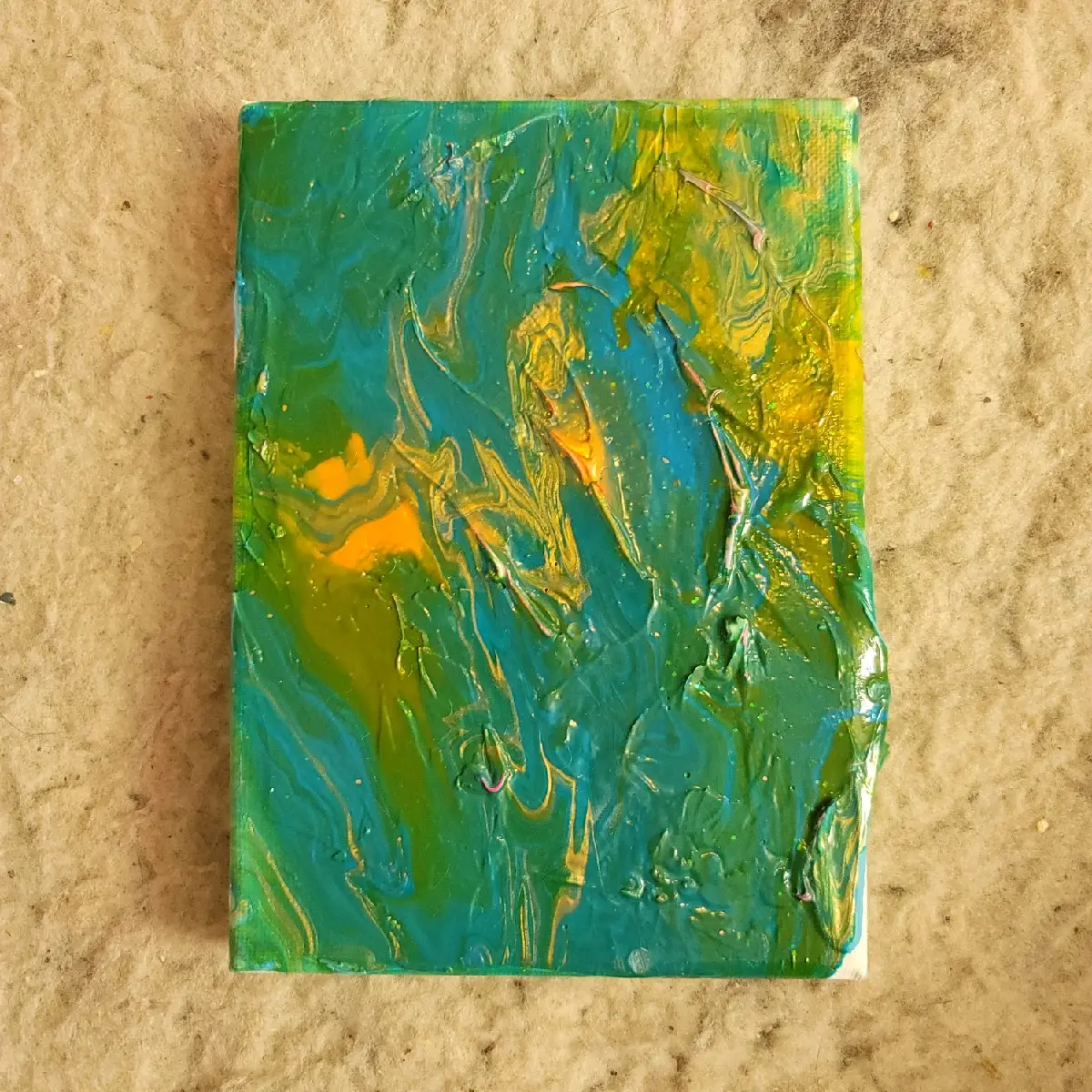 5x7 fairy green blue sparkly paint pour