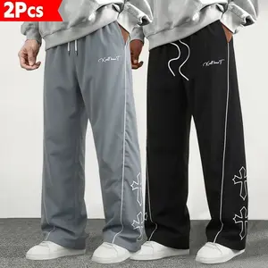 Men’s casual fashion streetwear wide-leg pants featuring a cross print design; equipped with an adjustable drawstring waist for a comfortable fit. Suitable for everyday wear, weekend outings, and more.