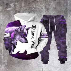 Men's 2-Piece Fierce Purple Wolf Print Casual Hoodie & Sweatpants Menswear Set, Stretch Polyester Fabric Clothes Tops, Machine Washable, Ideal for Spring/Fall Sports & Outdoor Wear