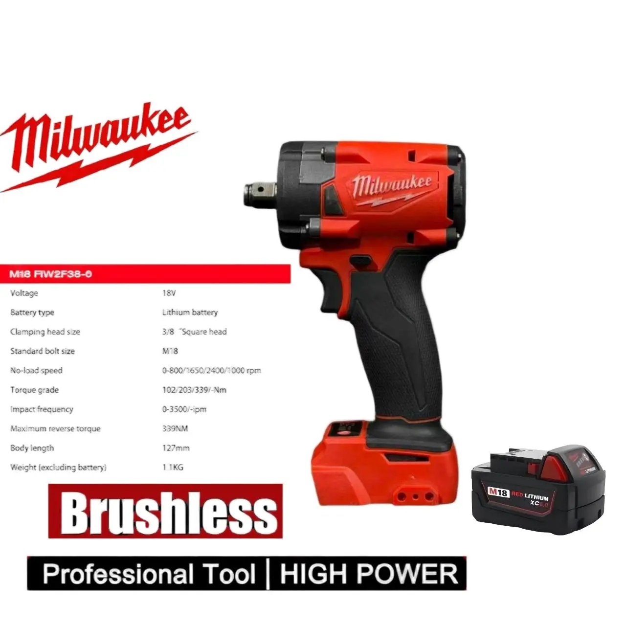 Milwaukee M18 Fuel 3/8" Gen-3 High Torque Brushless Cordless Impact Wrench (2854-20) - 18V Power Tool, 18V Battery & Charger, 300Nm Cordless Max Torque for Mechanics’ Heavy Tasks
