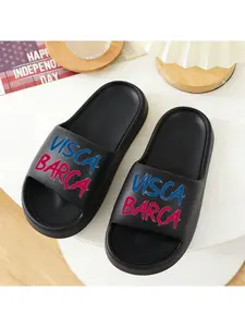 1 Pair of "Visca Barca" Printed Sports Slippers, Couple Slippers, Home Slippers, Outdoor Slippers, Plus-size Slippers, Indoor/outdoor Slippers – Suitable for the Beach, Vacations, and Casual Wear