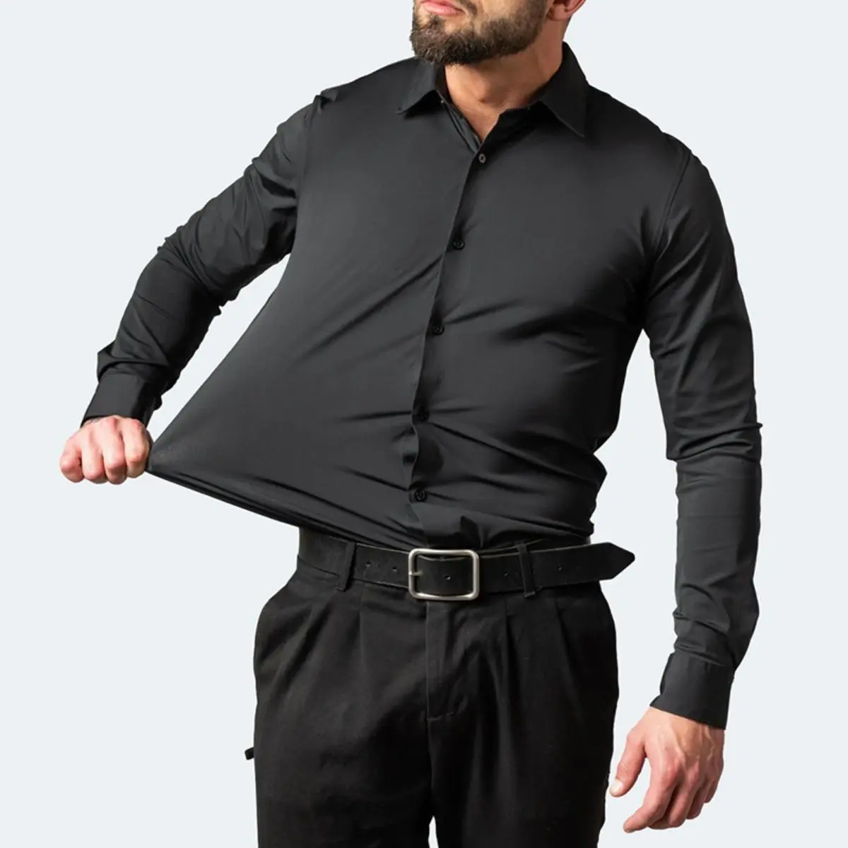 Men's Super Stretchy Dress Shirt Quick-Drying Breathable Anti-Wrinkle Muscle Slim Long-Sleeved Business Sports Casual Black Top Outdoorfun Beige Fabric,Father's Day Gift Workwear Menswea