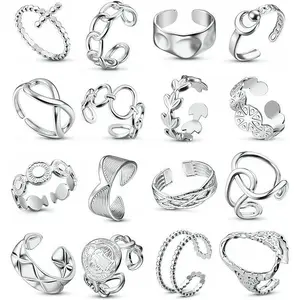 16Pcs Stainless Steel Stackable Rings for Women - Chunky Silver Adjustable Statement Rings Set, Non-Tarnish Open Thumb Rings, Hypoallergenic Minimalist Jewelry, Trendy Gift for Her