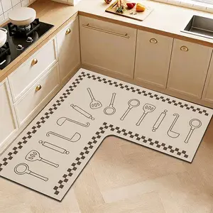 Large L-Shaped Kitchen Mat, Anti-Slip Silica Gel Print Rug, Bathroom Mat, Doorway Corner Pad, Indoor Use, Porch Decor, Kitchen Accessories
