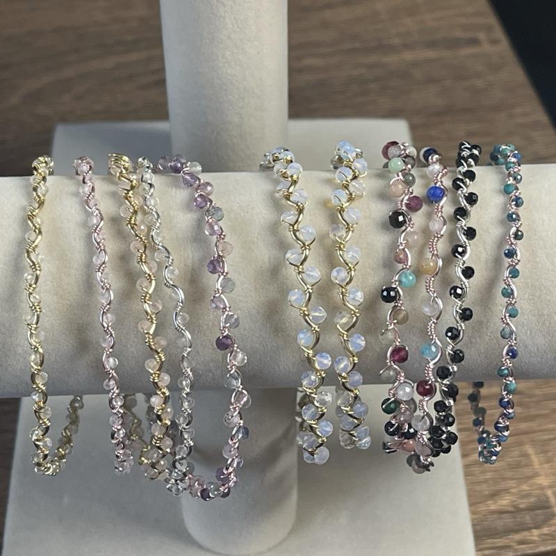 PRIDE Rainbow on Gold Copper Core Wire Wrap Dainty Wave Bangle Bracelet Handmade Adjustable Unique Design with Pink Pearl Hook Closure