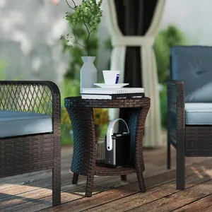 18" Wicker Outdoor Coffee Table, PE Rattan Patio Side Table with 2-Tier Storage, Composite Wood Top, Mixed Brown