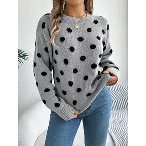 Autumn Winter Casual Elegant Long Sleeve Round Neck Polka Dot Pullover Sweater for Women
