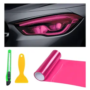12 * 48 Inch Car Light Tint Film  Shiny Chameleon Headlights Tail Lights Fog Films With Squeeze & Self Adhesive Vinyl Sticker Sheet Roll Accessories (pink)