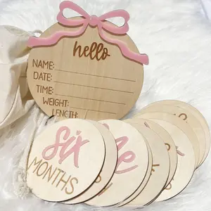 3D Monthly  Milestone Cards, 13 Wooden  Milestone Discs, Monthly Milestone Cards with Birth Announcement Sign - 'Hello World' & 1-12 Month   Markers for  Parents