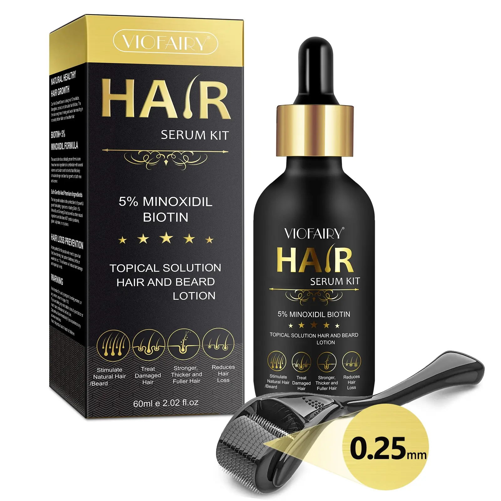 VIOFAIRY 5% Minoxidil Essence 60ml (with 0.25mm microneedle roller) 1 bottle, for hair care, suitable for people who are troubled by thinning hair, Hair Density Serum, Haircare Routine