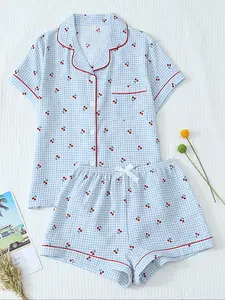Women's Two-Piece Pajama Set Loungewear, Casual Comfortable Lapel Pocket Cherry Woven Shirt Short Sleeve + Elastic Waist Shorts, All-Season Sleepwear, Pjs, Pyjamas
