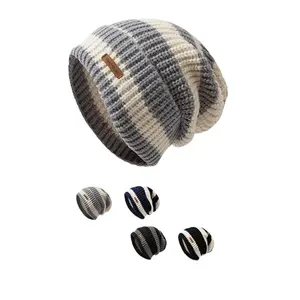 Striped Crochet Slouchy Beanie Knitted Hats for Women Men Warm Soft Stocking Skull Caps for Cold Weather