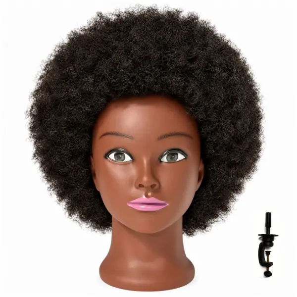 African mannequin head, made from 100 per cent human hair, with curly hair; comes with a stand; suitable for display, braiding practice, styling training and hairdressing services.
