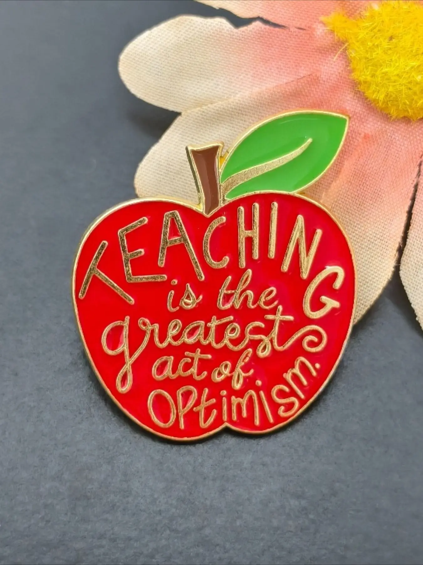 "Teaching Is The Greatest Act of Optimism" Red Apple Enamel Brooch Pin, Inspirational Teacher Quote Lapel Pin Badge Thank You Gift for Teachers