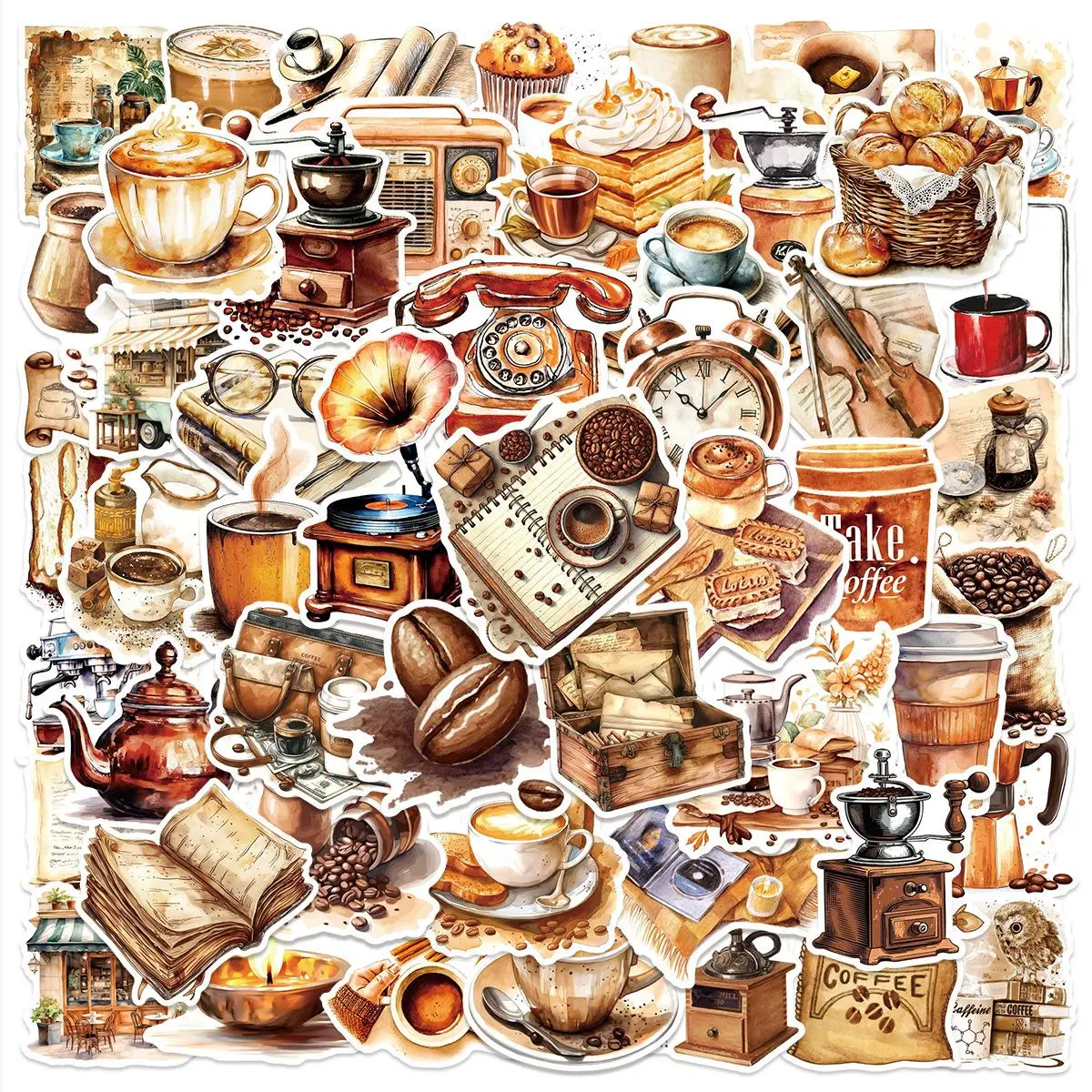 Vintage Coffee Shop Series Sticker, 50pcs/set Retro Coffee Themed Sticker, DIY Decorative Sticker for Crafts, Scrapbooking, Journaling, Gift Wrapping, Envelope Stickers, Sticker Sheets, Scrapbook Accessory, Decoration Sticker