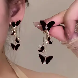 2-piece set of 925 silver fashionable, elegant, and sexy red butterfly pendant earrings, inlaid with sparkling rhinestones, long tassel earrings, suitable for everyday and party occasions - suitable for all seasons Surgical Steel Stud Round Fashion Gift