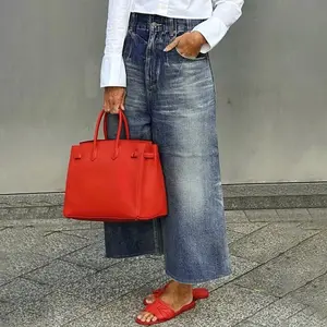 Loose Wide Leg Buttoned Pockets Jean Pants Bottoms Naturally Distressed Ankle Hem Blue Denim 100% Cotton Fitted Streetwear Casual Trouser