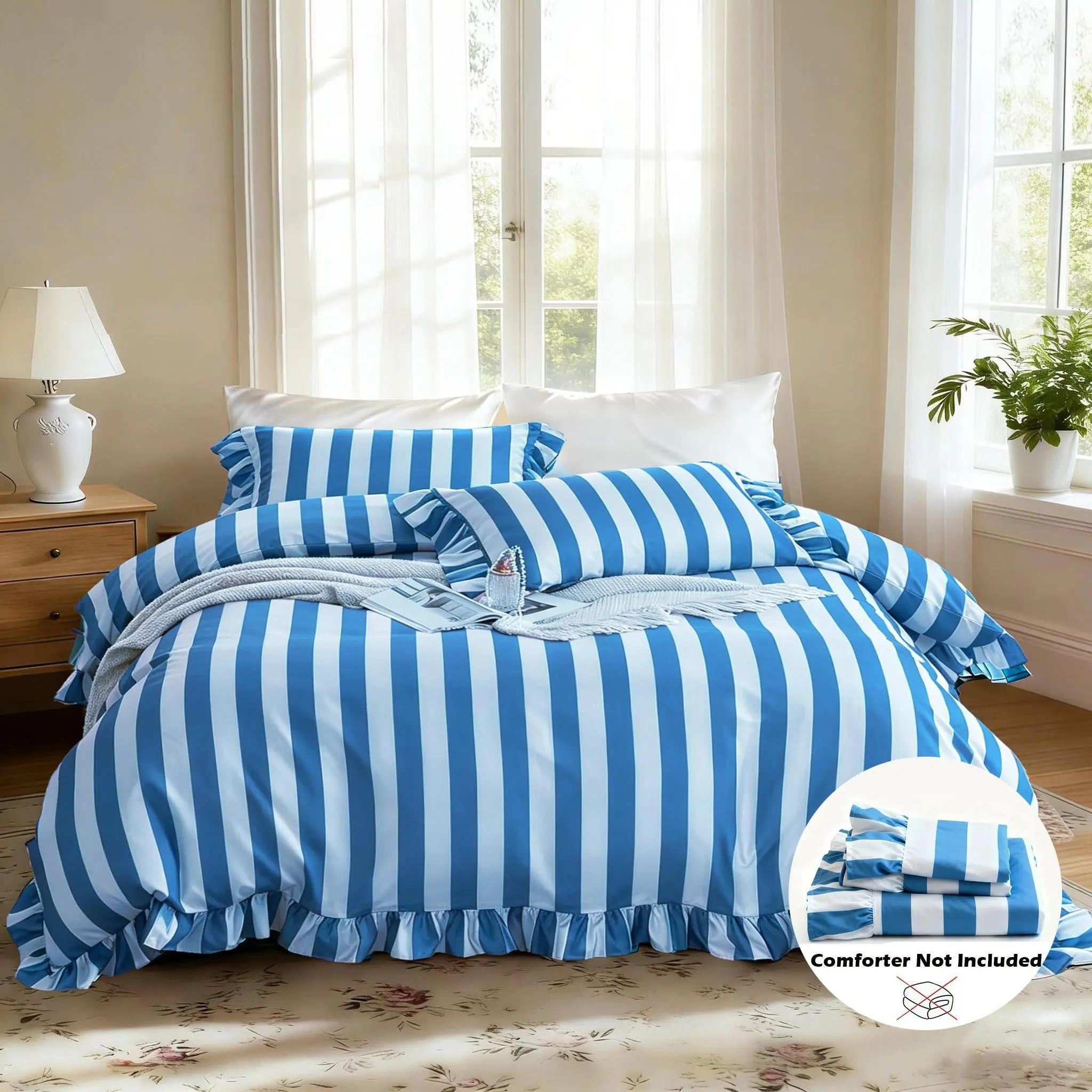 3pcs Fresh French Blue Striped Ruffle Duvet Cover Set, Includes 1 Duvet Cover + 2 Pillowcases, No Insert, Soft for All-Season Sleep, Dorm Decor, All Sizes Available
