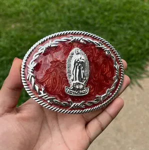 Western Red Marble Mary Belt Buckle – Silver Oval Cowboy Buckle