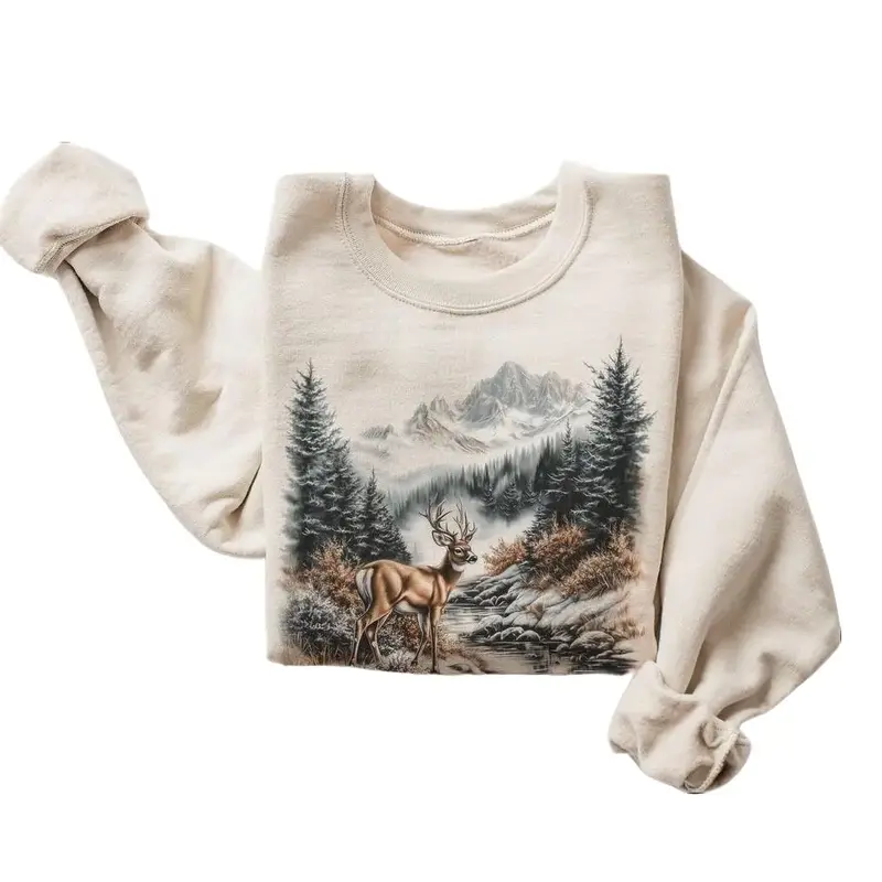 Women's Casual Pullover Sweatshirt, Retro 90s Whitetail Deer Graphic, Vintage Boho Cotton Top for Nature Lovers